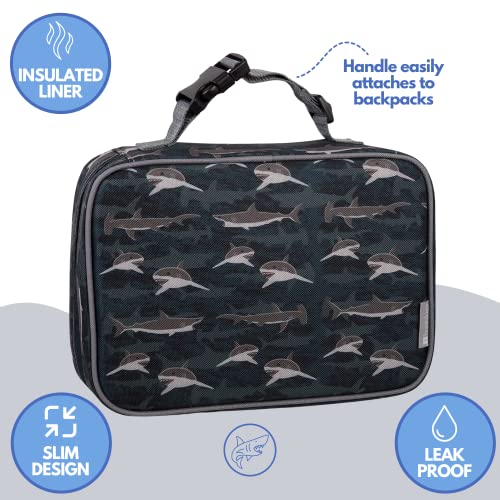 Kids Lunch Bag Set (Sharks) w Reusable Hard Ice Pack & Double-Insulated Food Jar for Drinks or Soups - Perfect Lunchbox Kits for Boys and Girls Back to School, Keeps Food Hot or Cold for Longer