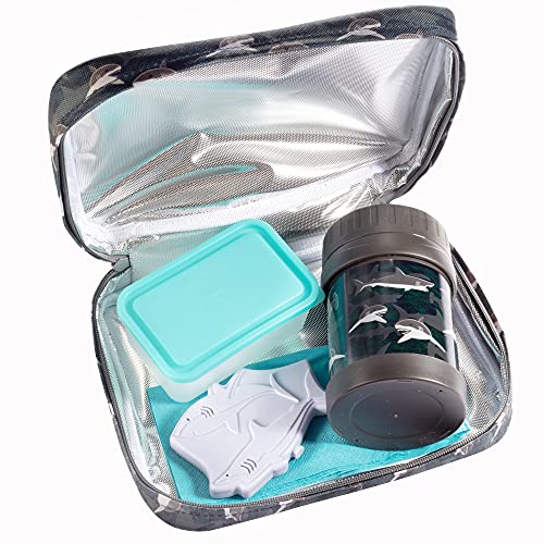 Kids Lunch Bag Set (Sharks) w Reusable Hard Ice Pack & Double-Insulated Food Jar for Drinks or Soups - Perfect Lunchbox Kits for Boys and Girls Back to School, Keeps Food Hot or Cold for Longer