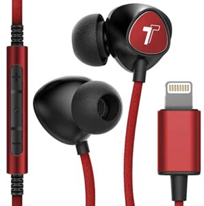 thore iphone earphones (apple mfi certified) v110 in ear braided wired lightning earbuds (sweat/water resistant) headphones with mic/volume remote for iphone 12/13/14 pro max - red