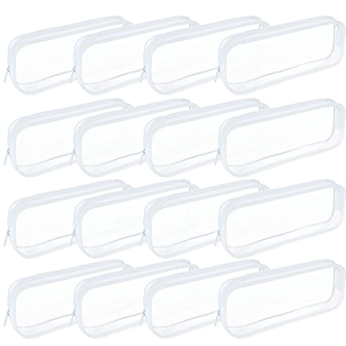 FVIEXE 16PCS Clear Pencil Pouch, Clear PVC Zipper Pencil Case Small Pen Pencil Pouch Case Cosmetic Bag Clear Makeup Bag Travel Bags for Toiletries (White)