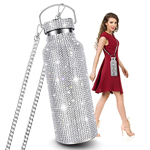 Diamond Water Bottle, Bling Diamond Vacuum Flask, Sparkling Diamond Water Bottle, High-Grade Stainless Steel Rhinestone Vacuum Flask, Leak-Proof Vacuum Flask With Chain (Silver, 750ML)