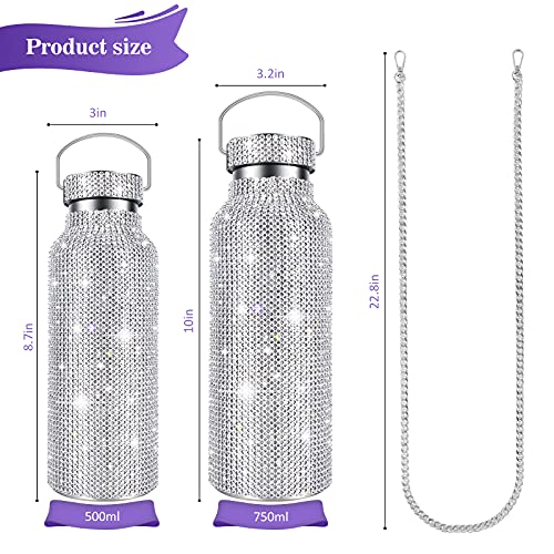 Diamond Water Bottle, Bling Diamond Vacuum Flask, Sparkling Diamond Water Bottle, High-Grade Stainless Steel Rhinestone Vacuum Flask, Leak-Proof Vacuum Flask With Chain (Silver, 750ML)