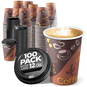 disposable coffee cups with lids 12 oz (100 pack) - to go paper coffee cups for hot & cold beverages, coffee, tea, hot chocolate, water, juice - eco friendly cups