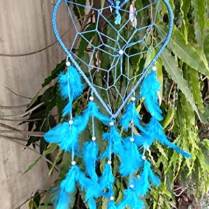 FIKIMOS Dream Catchers Wall Decor, Handmade Feather Bedroom Home Car Decor Nursery Room Hanging Decoration (Big Blue Heart)