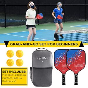 A11N HyperFeather R Pickleball Paddles Set of 2 for Beginners with 4 Outdoor Balls and 1 Backpack, Blue/Red