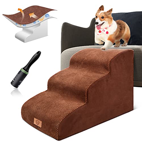 Kphico Sturdy Foam Dog Stairs for High Beds or Couches,Non-Slip 3 Tiers Pet Steps,15.7" High Sturdy Dog Ramp,Extra Wide Deep Dog Steps for Small Dogs&Cats-Send 1 Pet Hair Remover Roller