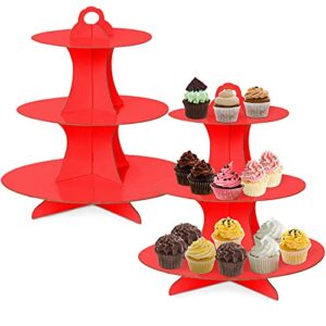 cupcake stand, 2 pack 3-tier round cardboard dessert plates cake fruit cupcake base holder candy display tower tray pastry serving platter for birthday, wedding, baby shower, christmas (red)