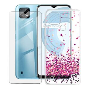 hhuan case for realme c21y rmx3261 (6.50 inch) with tempered glass screen protector, clear soft silicone protective cover bumper shockproof phone case for realme c21y rmx3261 - wm85