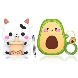 2 pack cute airpod case cover, boba tea cow & avocado airpods case 3d cartoon funny airpods 1&2 case, food fruit design silicone protective case with keychain for airpods 1st generation/2nd generation