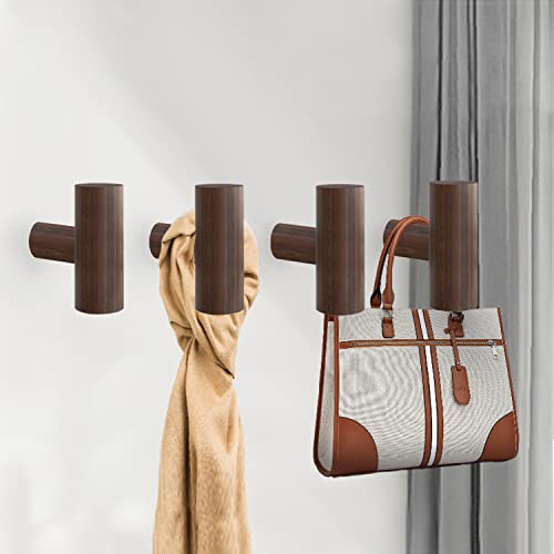 HUFEEOH Wood Wall Hooks, Purse Rack Wood Peg Hooks with Screw, Wall Hooks Heavy Duty Towel Hangers for Bathroom Wall (4PC, Walnut Wood)