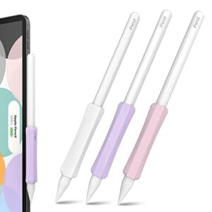 niutrendz 3 pack apple pencil grip silicone case accessories cover ergonomic design sleeve compatible with magnetic charging and double tap (apple pencil 2nd generation, white + purple + pink)