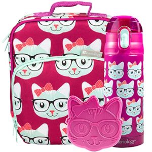 bentology kids lunch bag set (kitty)- includes padded, insulated tote,reusable hard ice pack & insulated stainless steel water bottle- keeps lunch fresh longer-back to school lunchbox kits for girls