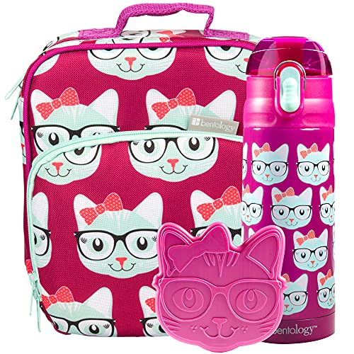 Bentology Kids Lunch Bag Set (Kitty)- Includes Padded, Insulated Tote,Reusable Hard Ice Pack & Insulated Stainless Steel Water Bottle- Keeps Lunch Fresh Longer-Back to School Lunchbox Kits for Girls