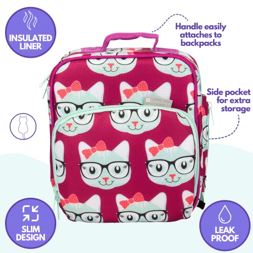 Bentology Kids Lunch Bag Set (Kitty)- Includes Padded, Insulated Tote,Reusable Hard Ice Pack & Insulated Stainless Steel Water Bottle- Keeps Lunch Fresh Longer-Back to School Lunchbox Kits for Girls