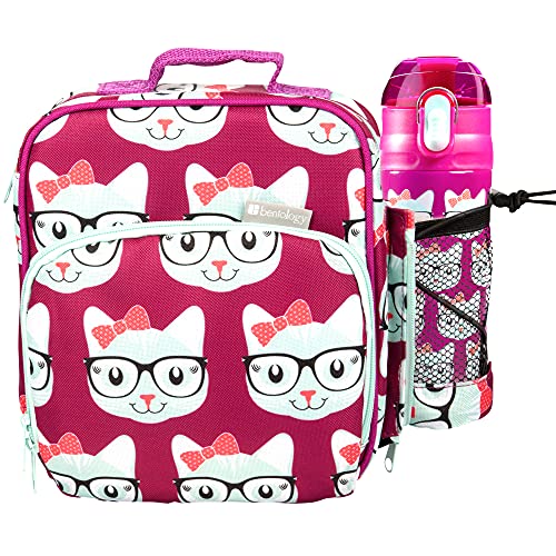 Bentology Kids Lunch Bag Set (Kitty)- Includes Padded, Insulated Tote,Reusable Hard Ice Pack & Insulated Stainless Steel Water Bottle- Keeps Lunch Fresh Longer-Back to School Lunchbox Kits for Girls