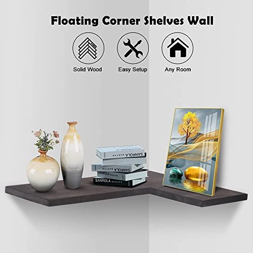 Natural Wood Set of 2 Wall Mounted Kitchen Corner Shelves Hanging Corner Wall Shelves L-shaped Floating Shelf Display Decor for Bathroom Bedroom Office Living Room Rustic Corner Shelf Carbonized Black