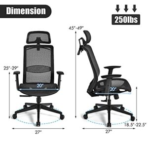 GOFLAME Ergonomic Mesh Office Chair, Swivel Executive Chair with Reclining High Backrest, Rotatable Headrest, Clothes Hanger and Lumbar Support, Height Adjustable Computer Desk Chair (Black)