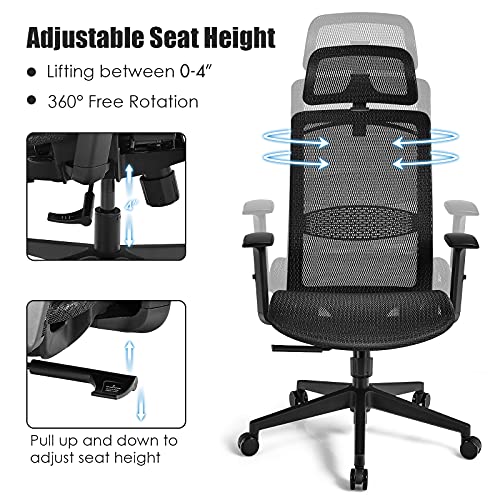 GOFLAME Ergonomic Mesh Office Chair, Swivel Executive Chair with Reclining High Backrest, Rotatable Headrest, Clothes Hanger and Lumbar Support, Height Adjustable Computer Desk Chair (Black)