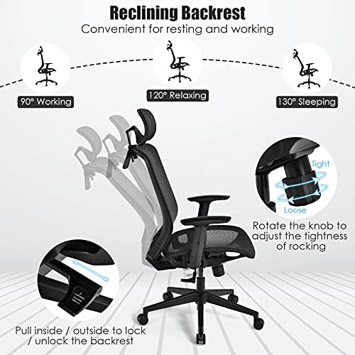 GOFLAME Ergonomic Mesh Office Chair, Swivel Executive Chair with Reclining High Backrest, Rotatable Headrest, Clothes Hanger and Lumbar Support, Height Adjustable Computer Desk Chair (Black)