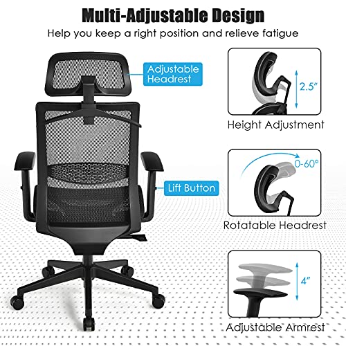 GOFLAME Ergonomic Mesh Office Chair, Swivel Executive Chair with Reclining High Backrest, Rotatable Headrest, Clothes Hanger and Lumbar Support, Height Adjustable Computer Desk Chair (Black)
