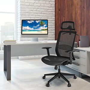 GOFLAME Ergonomic Mesh Office Chair, Swivel Executive Chair with Reclining High Backrest, Rotatable Headrest, Clothes Hanger and Lumbar Support, Height Adjustable Computer Desk Chair (Black)