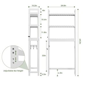 Bamjoy Over The Toilet Storage Shelf, Bamboo 3 Tier Bathroom Space Saver Organizer, Multipurpose Toilet Storage Rack with 6 Hooks Bathroom Kitchen Balcony Entryway, Easy to Assemble, 64”H White