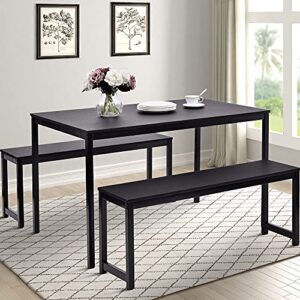 dining table set, hinpia 3 pieces modern kitchen table with 2 benches, wood tabletop and metal frame (black)
