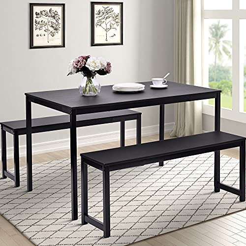 Dining Table Set, Hinpia 3 Pieces Modern Kitchen Table with 2 Benches, Wood Tabletop and Metal Frame (Black)