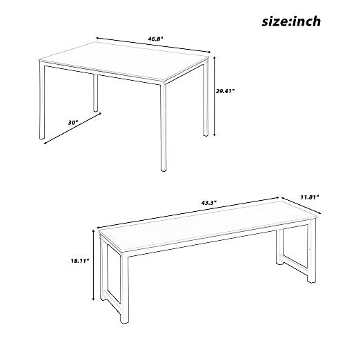 Dining Table Set, Hinpia 3 Pieces Modern Kitchen Table with 2 Benches, Wood Tabletop and Metal Frame (Black)