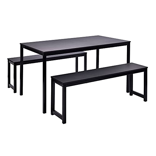 Dining Table Set, Hinpia 3 Pieces Modern Kitchen Table with 2 Benches, Wood Tabletop and Metal Frame (Black)