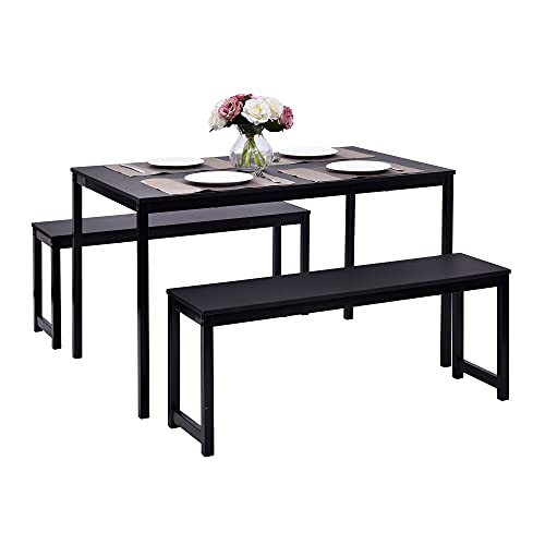 Dining Table Set, Hinpia 3 Pieces Modern Kitchen Table with 2 Benches, Wood Tabletop and Metal Frame (Black)