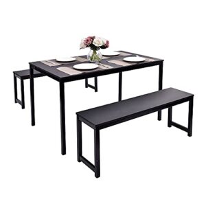 Dining Table Set, Hinpia 3 Pieces Modern Kitchen Table with 2 Benches, Wood Tabletop and Metal Frame (Black)