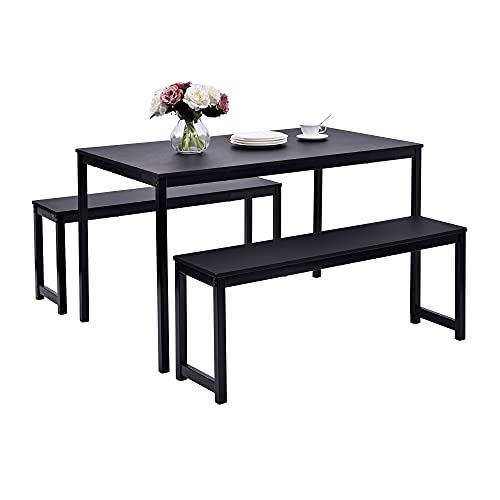 Dining Table Set, Hinpia 3 Pieces Modern Kitchen Table with 2 Benches, Wood Tabletop and Metal Frame (Black)