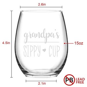 Funny Grandpa Wine Glass Gift, Grandpa’ s Sippy Cup Stemless Wine Glass, Ideal Birthday, Christmas, Father’s Day Gifts for Grandfather, New Grandpa, Grandpa to be from Wife Grandchildren Son, 15Oz