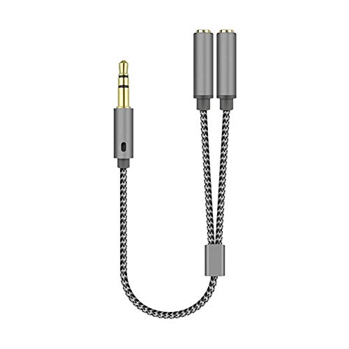 Fullbond 3.5mm 1 Male to 2 Female Ports Headphone Microphone Audio Stereo Cable Adapter Splitter Earphones Port to Speaker Adapter for Computer Silver Gray