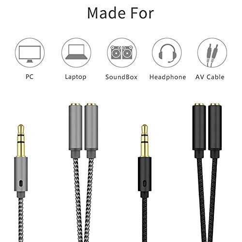 Fullbond 3.5mm 1 Male to 2 Female Ports Headphone Microphone Audio Stereo Cable Adapter Splitter Earphones Port to Speaker Adapter for Computer Silver Gray