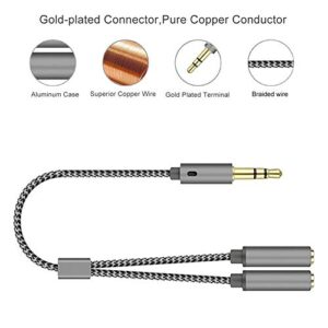 Fullbond 3.5mm 1 Male to 2 Female Ports Headphone Microphone Audio Stereo Cable Adapter Splitter Earphones Port to Speaker Adapter for Computer Silver Gray