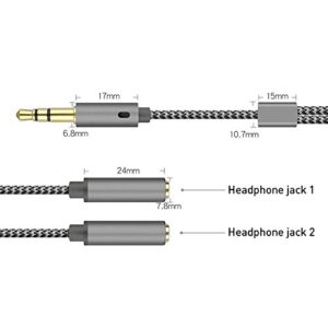 Fullbond 3.5mm 1 Male to 2 Female Ports Headphone Microphone Audio Stereo Cable Adapter Splitter Earphones Port to Speaker Adapter for Computer Silver Gray