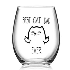 cat dad stemless wine glass - funny dad wine glass for cat lovers, dad, new dad, father, papa, dad gifts for christmas, birthday, father's day 15oz