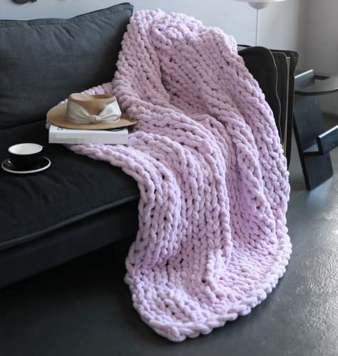 Victusphia Chunky Knit Blanket Throw Chenille Knitted Yarn Throw Blanket for Couch & Bed Fall Decor Large Soft Comfy Cable Blankets & Throws Purple Lavender 50"x60"