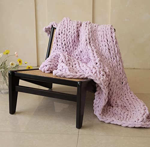 Victusphia Chunky Knit Blanket Throw Chenille Knitted Yarn Throw Blanket for Couch & Bed Fall Decor Large Soft Comfy Cable Blankets & Throws Purple Lavender 50"x60"