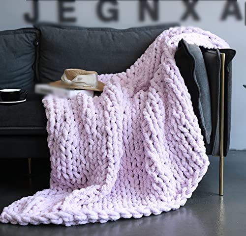 Victusphia Chunky Knit Blanket Throw Chenille Knitted Yarn Throw Blanket for Couch & Bed Fall Decor Large Soft Comfy Cable Blankets & Throws Purple Lavender 50"x60"