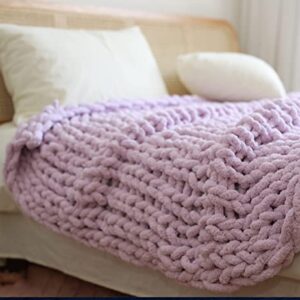 Victusphia Chunky Knit Blanket Throw Chenille Knitted Yarn Throw Blanket for Couch & Bed Fall Decor Large Soft Comfy Cable Blankets & Throws Purple Lavender 50"x60"