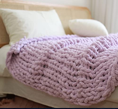 Victusphia Chunky Knit Blanket Throw Chenille Knitted Yarn Throw Blanket for Couch & Bed Fall Decor Large Soft Comfy Cable Blankets & Throws Purple Lavender 50"x60"