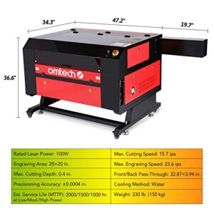 OMTech 100W CO2 Laser Engraver, 100W Laser Cutter and Engraver Machine, 20x28 Industrial Laser Engraving Machine with 2 Way Pass Through Air Assist RDWorks, Laser Cutting Machine for Wood Acrylic More