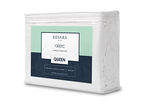 KESARA 1000 Thread Count 100% Egyptian Cotton Bed Sheets 4 Pc Queen Size Sheet Set Navy Blue, Sateen Weave Bed Sheets, Single Ply Yarns, Luxury Collection, Fits Mattress up to 16” Deep Pocket