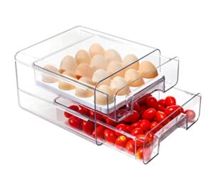 youlike 1pack stackable refrigerator organizer drawer for kitchen clear plastic storage bins 2-tiers containers with removeable egg racks 32grids egg holder cabinet office pantry pull out bins