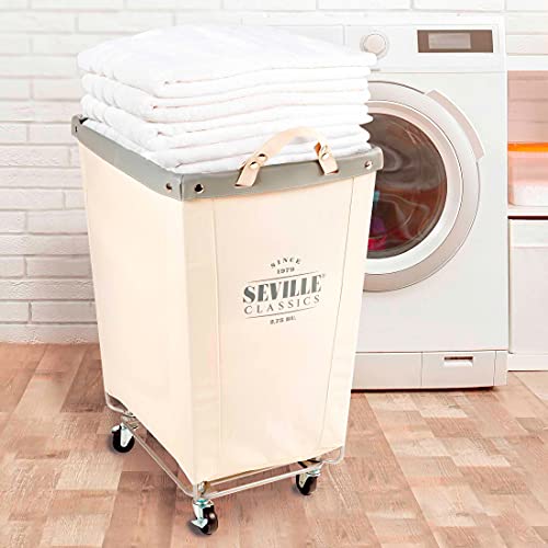 Seville Classics Large Commercial Heavy Duty Rolling Steel Frame Laundry Hamper Canvas Cart Bin, w/Wheels for Hotel, Home, Closet, Bedroom (PATENTED), Cream, 22" D x 16" W