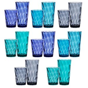 us acrylic optix 16-piece plastic tumblers in 4 coastal colors | 8 each: 14-ounce rocks and 20-ounce water drinking cups | reusable, bpa-free, made in the usa, top-rack dishwasher safe