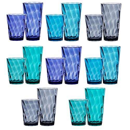 US Acrylic Optix 16-piece Plastic Tumblers in 4 Coastal Colors | 8 each: 14-ounce Rocks and 20-ounce Water Drinking Cups | Reusable, BPA-free, Made in the USA, Top-rack Dishwasher Safe